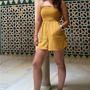 American Eagle Outfitters Smocked Strapless Striped Mustard Yellow Romper Size S